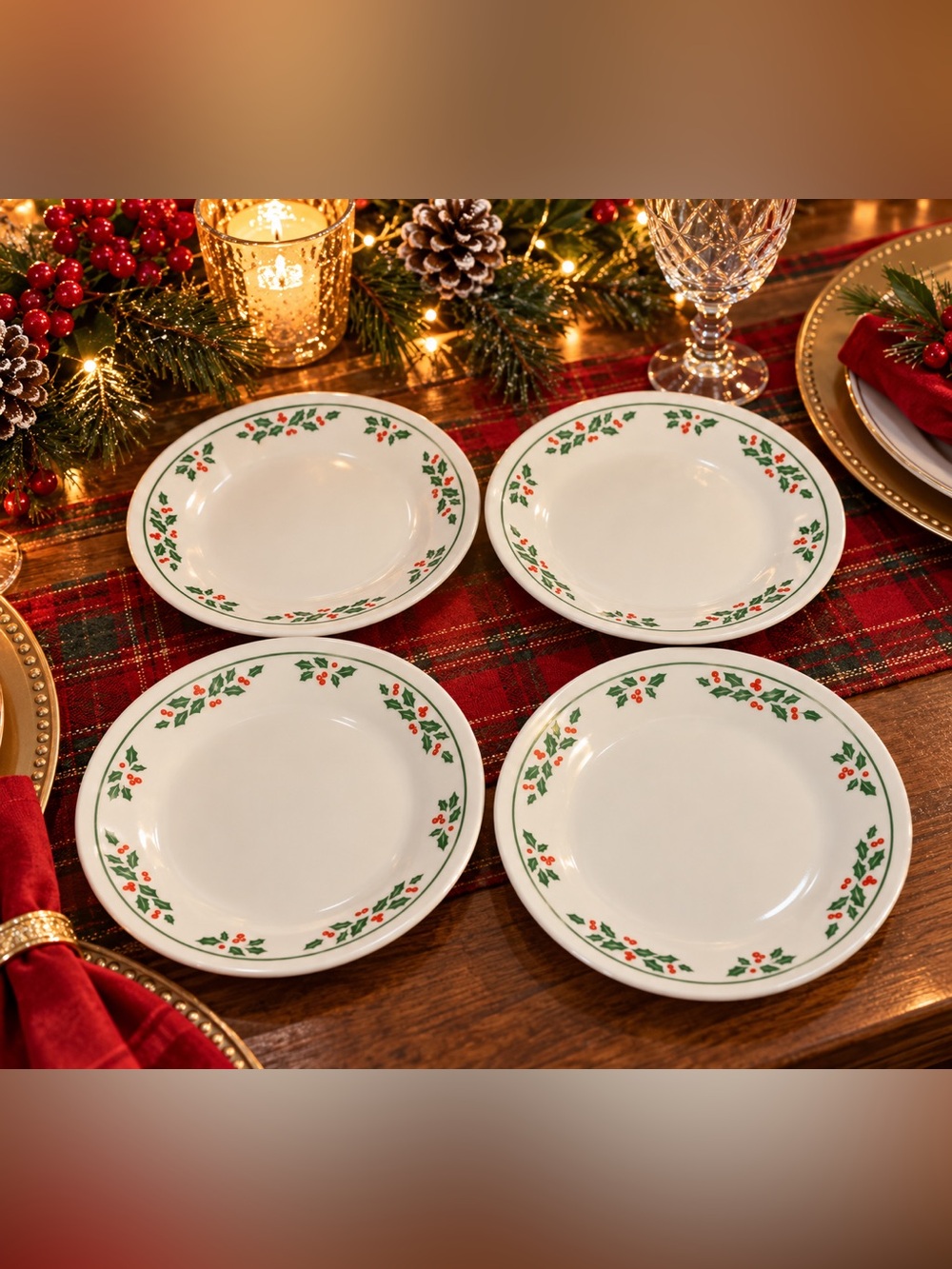 Vintage Christmas Corelle Holly Days Bread & Butter Appetizer Plates Set of 4